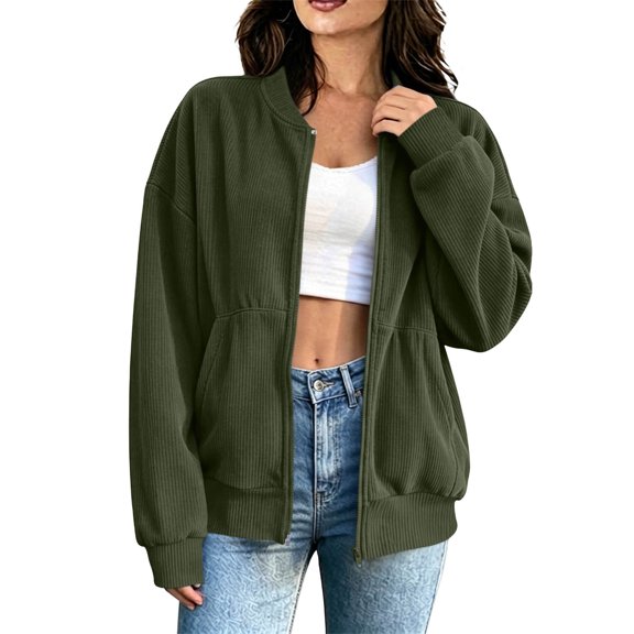 Uaswgudfs Women's Corduroy Full Zip Up Jacket Long Sleeve Casual Oversized Solid Color Lapelless Bomber Jacket with Pockets for Fall Winter Daily Casual Wear