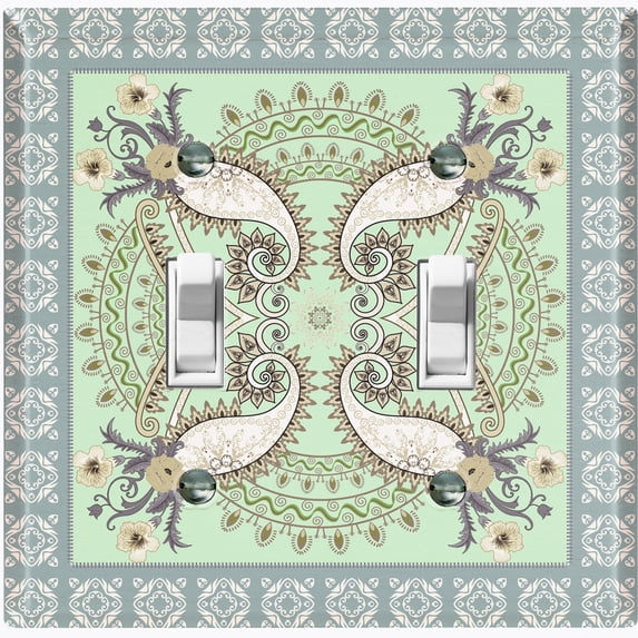 Metal Light Switch Plate Cover Green Floral Mandala Paisley Circular Tile Pattern TIL087