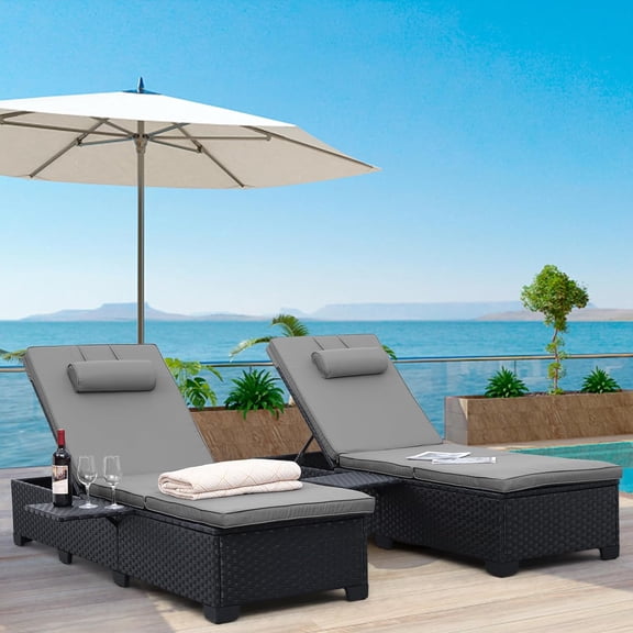 EastVita Elegant Wicker Sun Lounger Outdoor Chaise Lounge Set of 2 Pieces with Adjustable Backrests For Sunbathing Gray