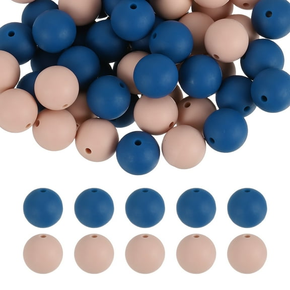 60 Pcs Silicone Beads, 15mm Round Bulk Silicone Focal Bead for Keychain Making DIY Bracelet Necklace Pens Crafts Jewelry Making (Grey Coral/Sea Blue)