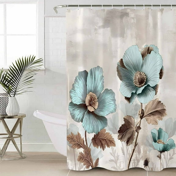 Tulip Flower Waterproof Fabric Shower Curtain, Teal Brown Vintage Floral Plant Botanical Shower Curtain for Bathroom Curtains Bathtubs Hotel Washable Shower Curtains with 12 Hooks Stall 48x72in