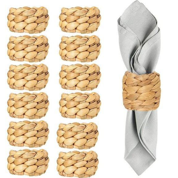 Tutuviw 12 Pcs Natural Water Hyacinth Napkin Holders,Round Woven Napkin Rings,Table Decor Handmade Fall Napkin Rings for Christmas Wedding Holidays Dinners Party Supplies Everyday Use