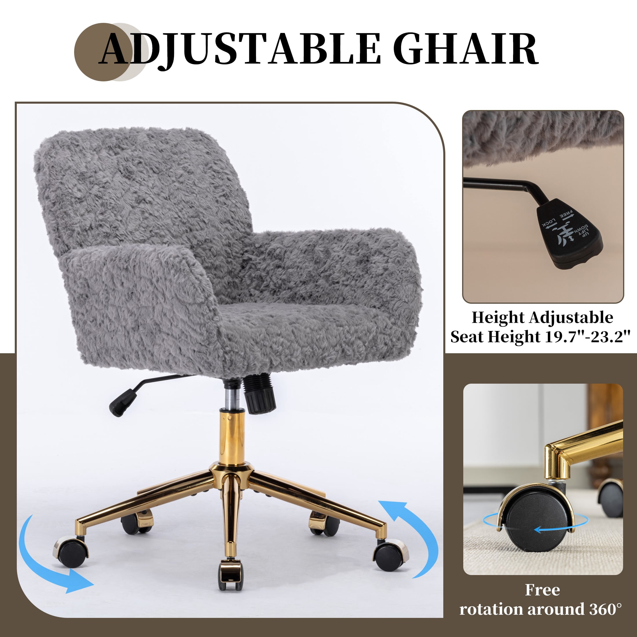 ENYOPRO Office Chair with Chrome Legs, Ergonomic Teddy Desk Chair Vanity Chair with Wheels, Modern Computer Chair for Home Office,Gray