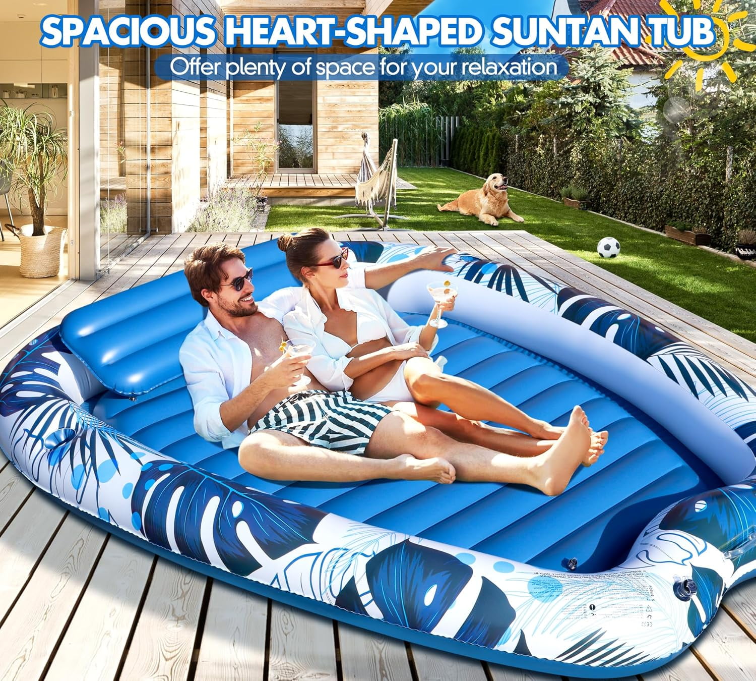 2026 Deluxe Inflatable Tanning Pool for 2 Person, 90x67Inch Tanning Pool Lounger Float for Adults, Blow Up Tan Water Bed Suntan Tub with Cup Holders, Personal Sunbathing Pools for Backyard