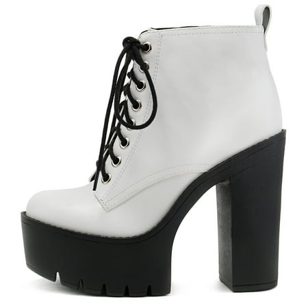 

Soda Women Chunky Thick High Heels Ankle Boots Hidden Platform Lace Up Side Zipper Booties SETUP-S White 8.5