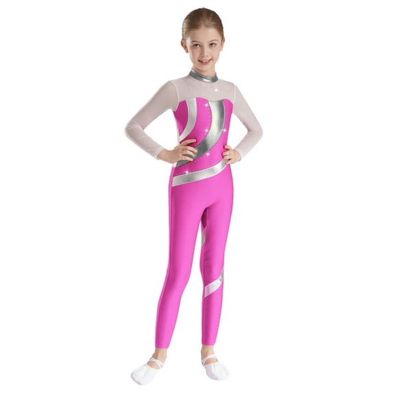 TiaoBug Kids Girls Metallic Gymnastics Dance Leotard Long Sleeve Unitard Full Length Bodysuit Hot Pink 6
