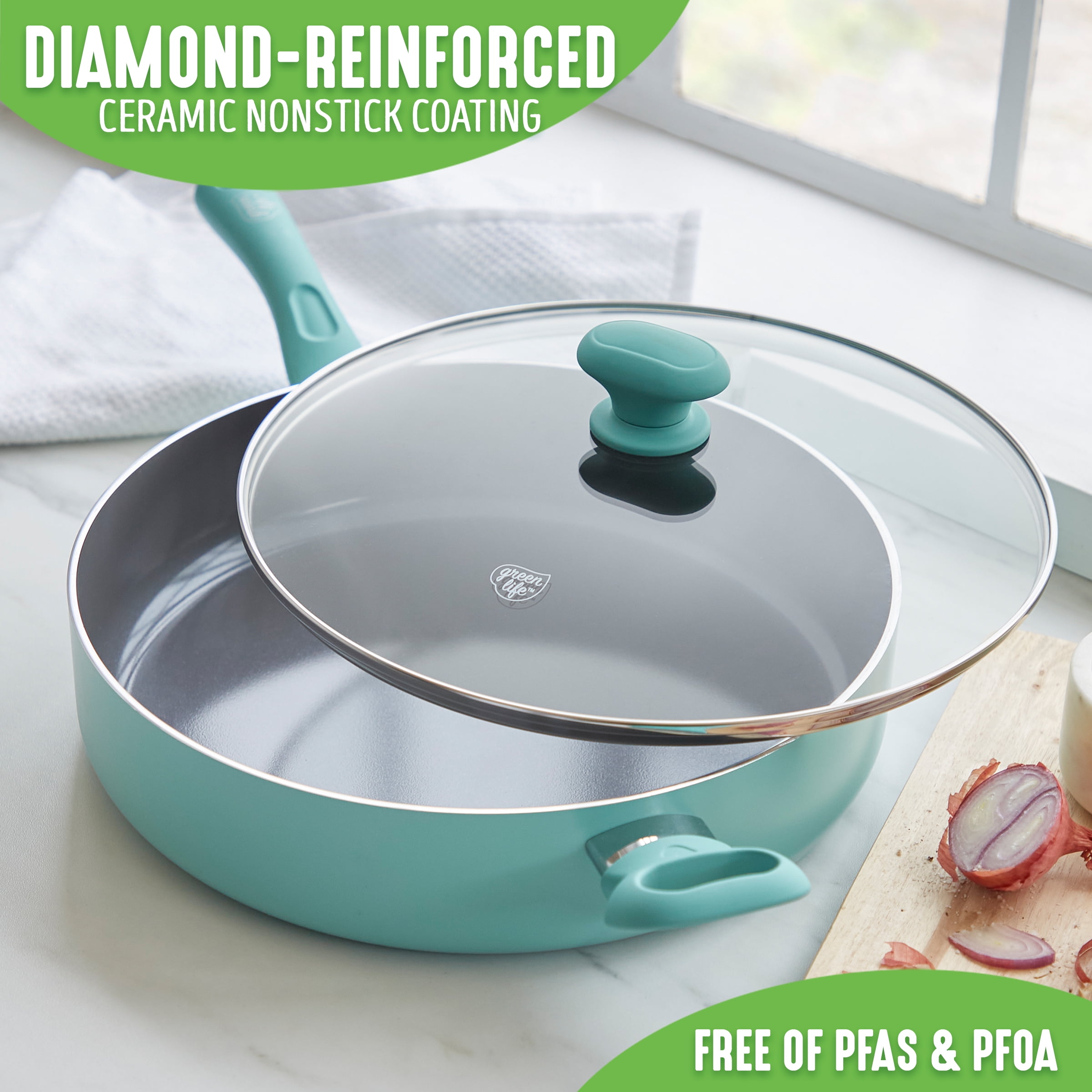GreenLife Soft Grip Diamond Healthy Ceramic Nonstick, 3QT Chef Saute Pan  with Lid, PFAS-Free, Dishwasher Safe, Turquoise