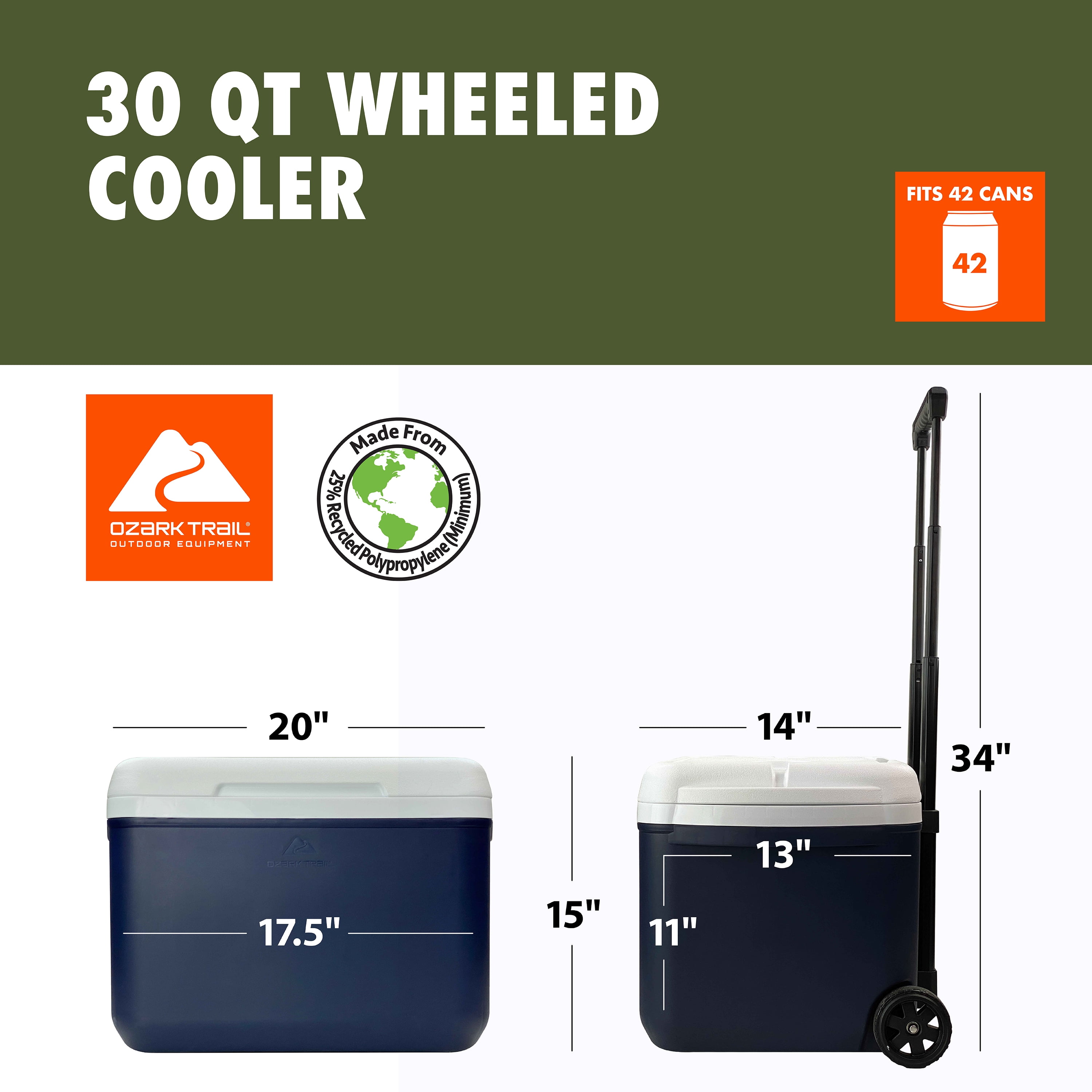 Ozark Trail 30 qt 42-Can Hard-Sided Wheeled Cooler, Blue