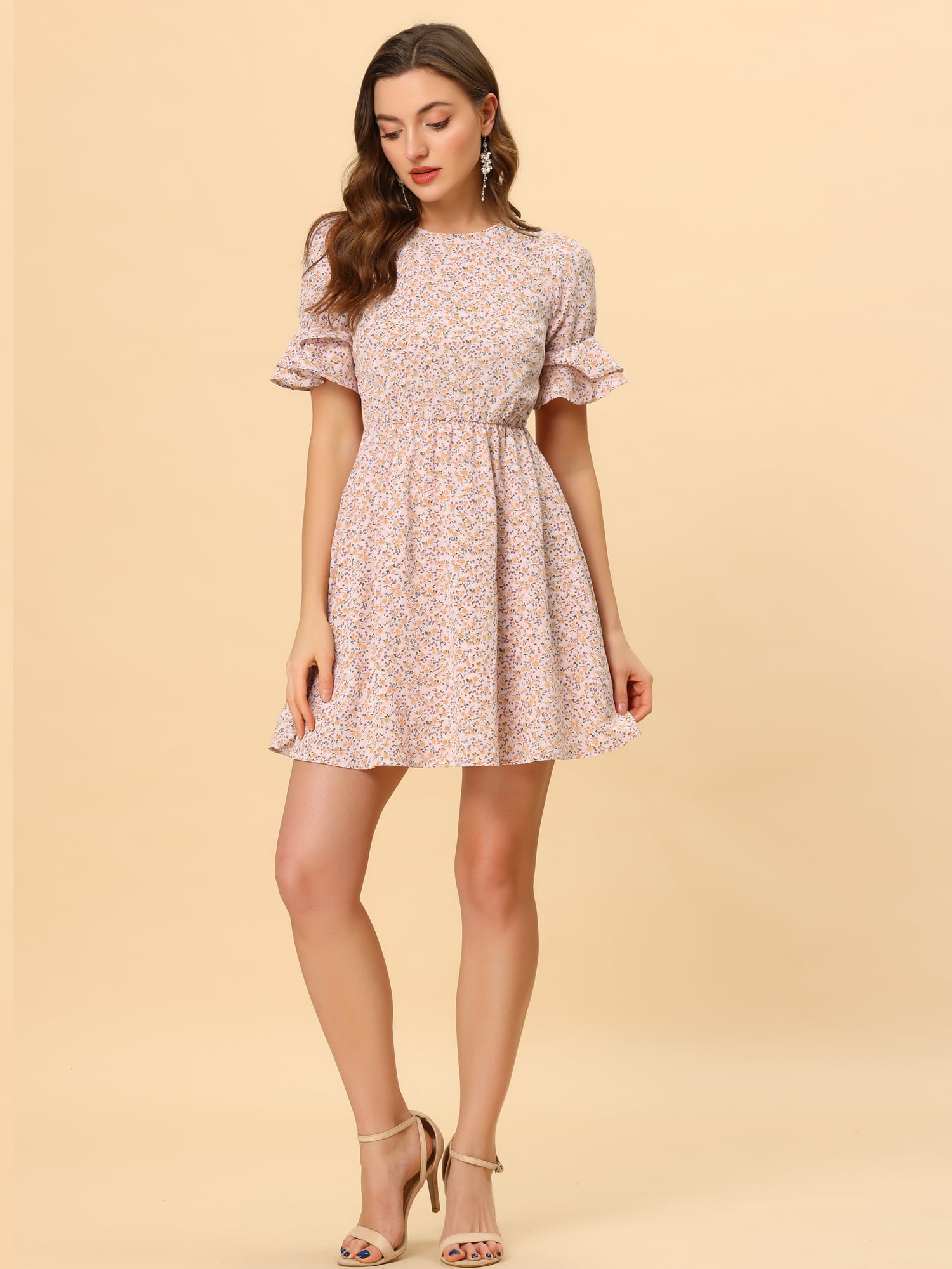 DARING DIVA Women's Bell Sleeve High Waist A-Line Ditsy Floral Dress M Pink