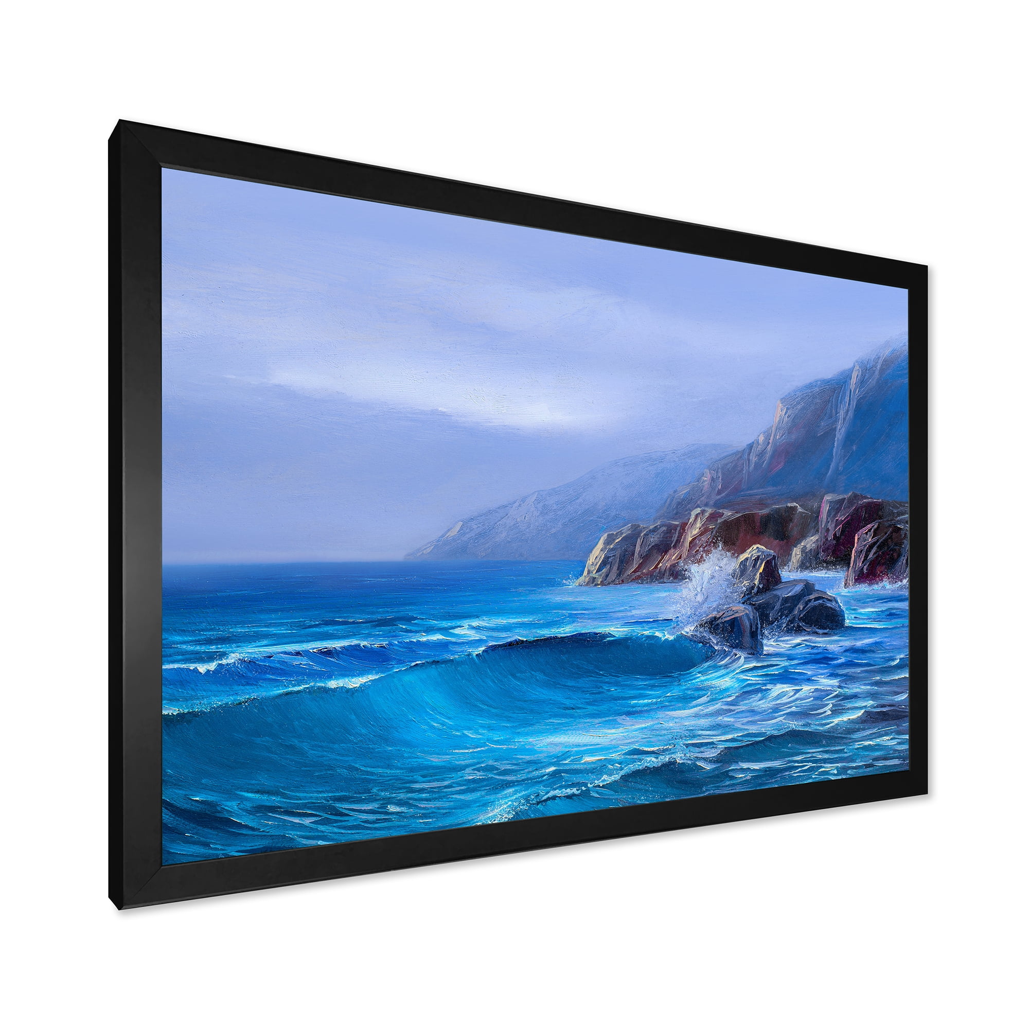 Sunrise Glow On Sea Wave Paints On A Canvas 32 in x 24 in Framed Painting Canvas Art Print, by Designart