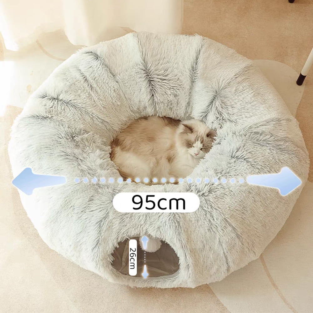 Cat Tunnel Bed with Central Washable Cushion - Large Cat Tunnel Tube Toys 3 Shape to Play for Indoor Cats Kittens Puppies, Round Plush Fluffy Cat Bed