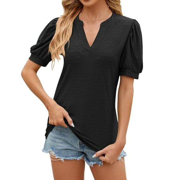 WXLWZYWL Women'S Solid Colour V-Neck Bubble Sleeve Summer Short Sleeve T-Shirt Tops Short Sleeve V-Neck Tops/Shirts
