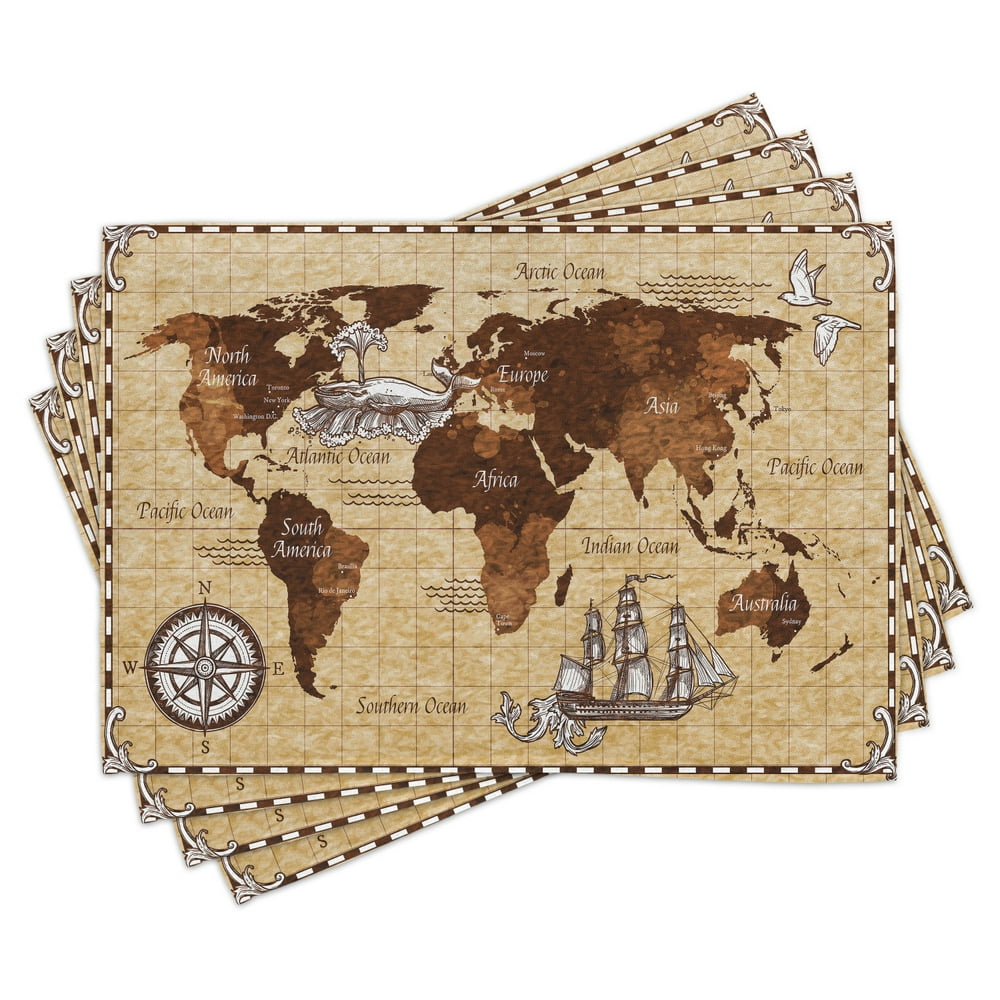 Map Placemats Set of 4 Hand Drawn Sketch Retro World Map with Lettering