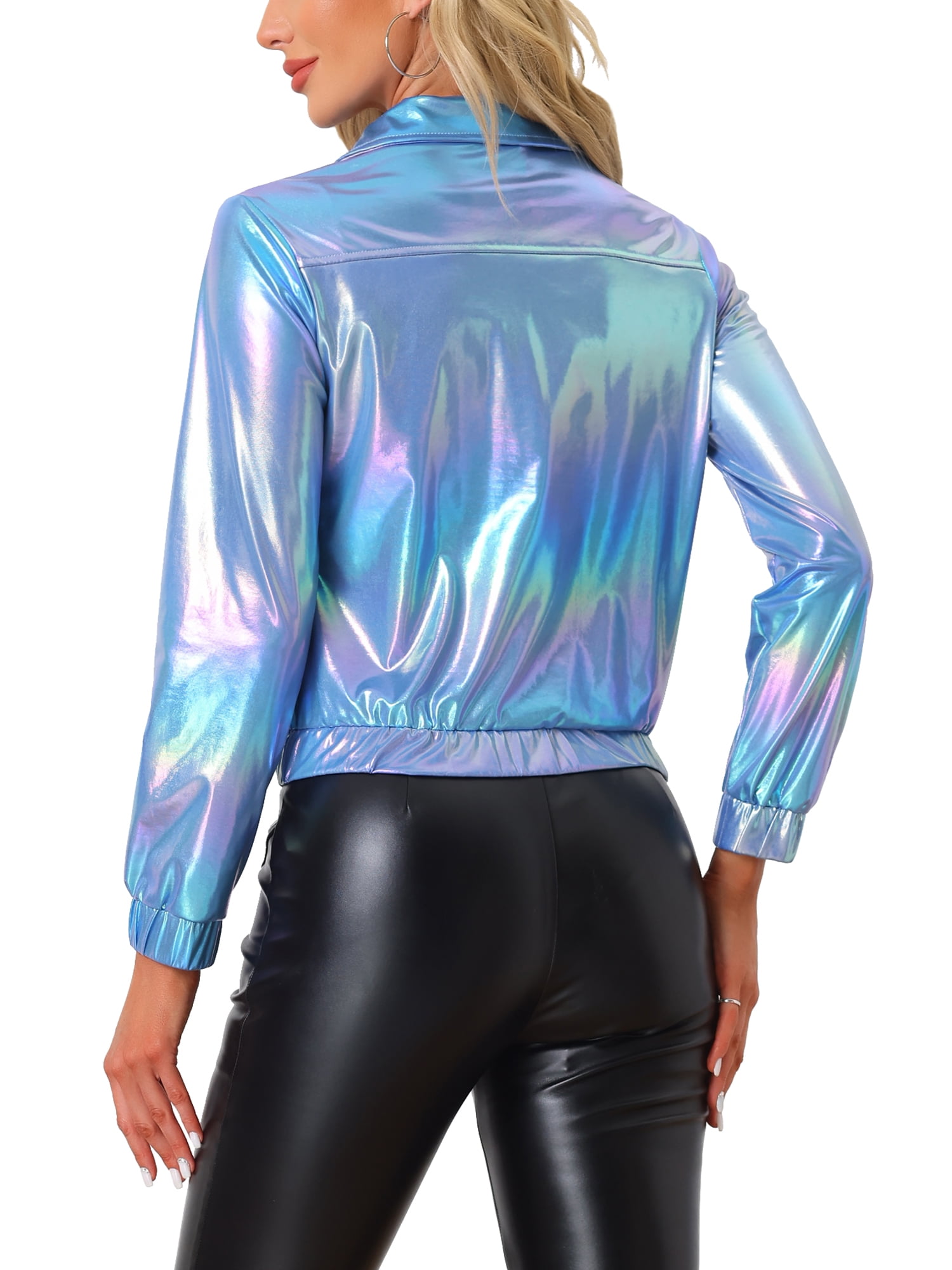 INSPIRE CHIC Women's Holographic Shiny Party Long Sleeve Lightweight Zipper Metallic Jacket M Blue Holographic