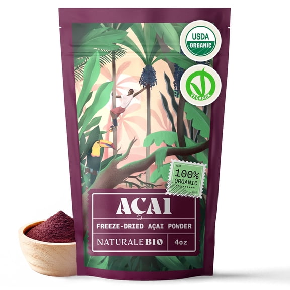 NaturaleBio Organic Acai Berries Powder.Freeze-Dried. 4 OZ (100gr.) Brazilian Acai, Lyophilised and Raw. Extract from Açai Berry Pulp. Vegan