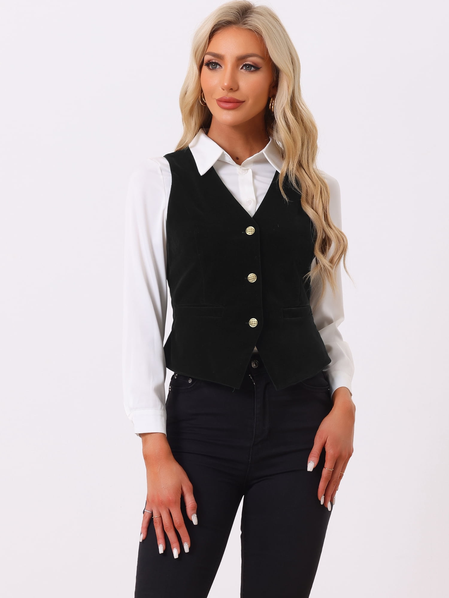 DARING DIVA Women's Vintage Velvet Vest Button Down Steampunk Waistcoat S Black