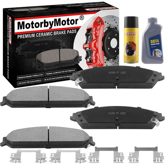 4PC Front Ceramic Brake Pads with Hardware Kits & CLEANER DOT4 FLUID Fits for Chrysler 200 300, Dodge Avenger Caliber Challenger Charger Magnum Low Dust Brake Pad