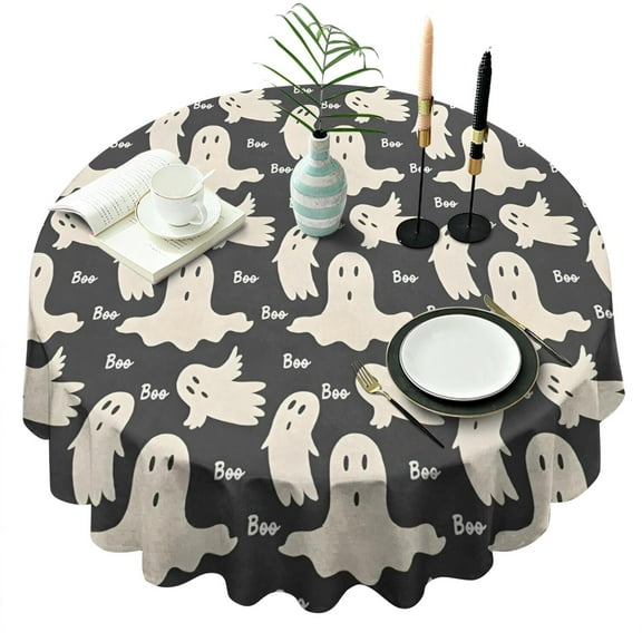 Halloween Ghost Boo Pattern Round Tablecloth 60"x60",Wrinkle Wipeable Table Cloth for Kitchen Dining Room Picnic Patio Party