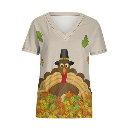 

Stamzod Animal Printing Working Scrubs Tops Women Casual Short Sleeve V-Neck Thanksgiving Turkey Workwear Shirts Tee Tops With Pockets On Clearance