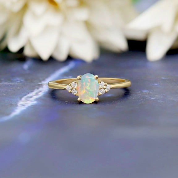 Natural Opal Ring 14k Gold Plated Ring |October Birthstone Ring | Stunning Oval Cut Natural Opal Anniversary Ring |Gift For Her Birthday,Ring Gift
