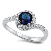 CHOOSE YOUR COLOR Round Blue Simulated Sapphire Halo Wedding Ring 925 Sterling Silver Band CZ Female Size 7