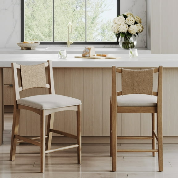 Nathan James Elodia Boho Counter Height Bar Stool with Back, Woven Seagrass Backrest and Solid Wood Frame, Light Brown Set of 2