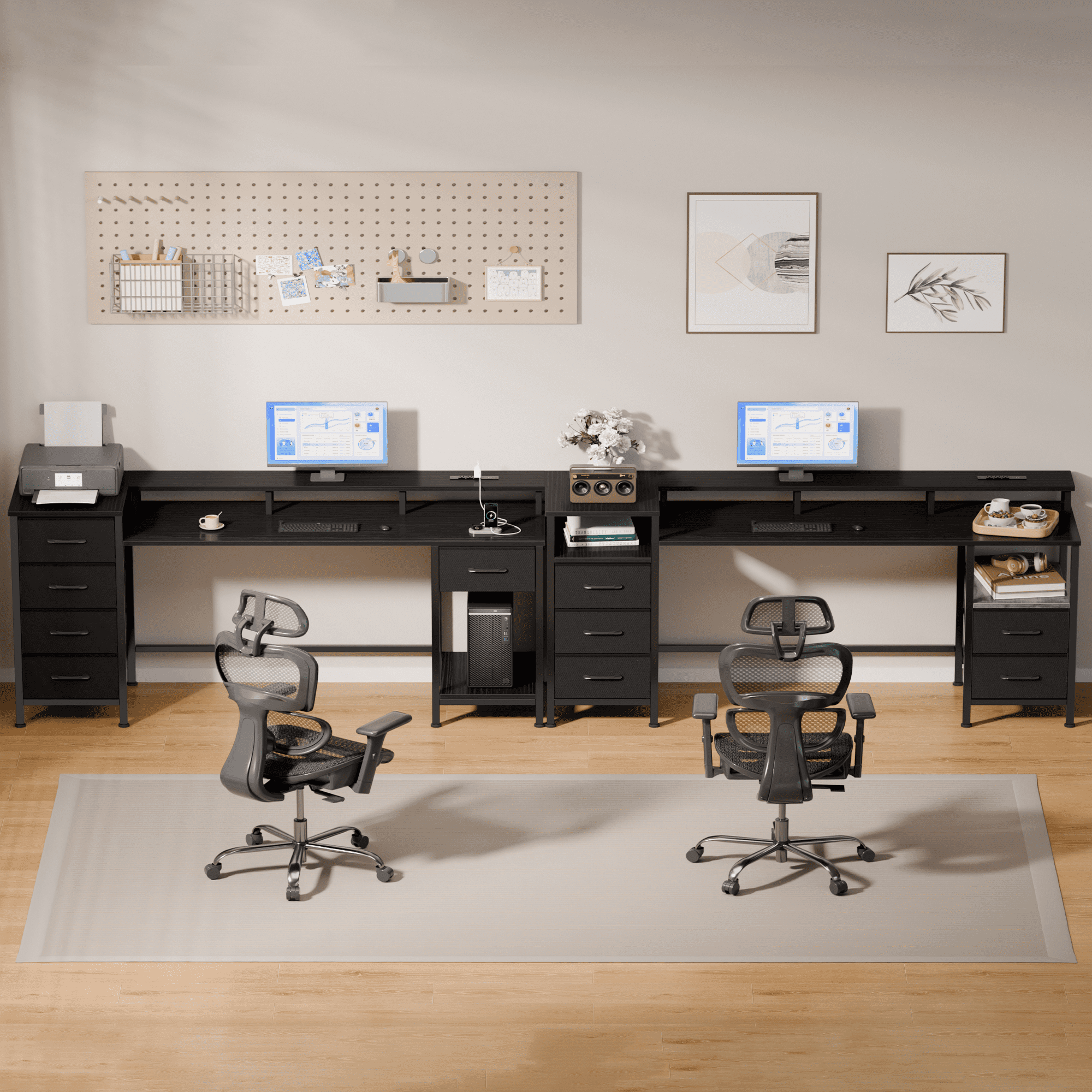 Satifur 61" Computer Desk with LED Lights & Power Outlets, Gaming Desk with 5 Fabric Drawers & Open Shelves, Reversible Home Office Desk,Black