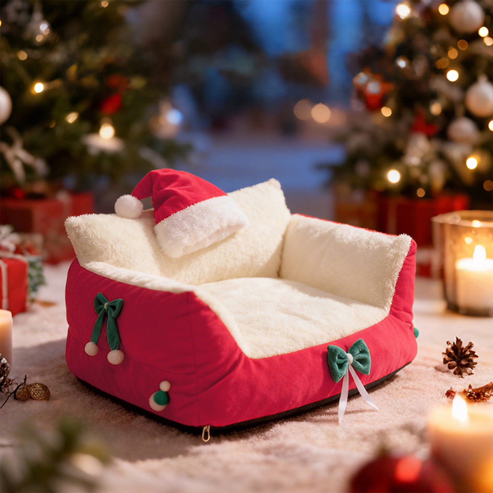AuroraX Small Cat Bed Cute Self Warming Warm Christmas Cat Bed Warm Cozy Soft Anti-Slip Plush House for Indoor Cats Kittens and Small Dogs(Red)
