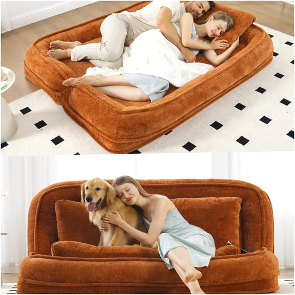 5-Position Adjustable Double Floor Sofa Bed, Large Chenille Loveseat for Living Room, Orange Convertible Lounge Chair with Plush Pillows