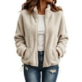 thumbnail image 2 of Fleece Jacket Women Solid Color Stand Collar Zip Up Fuzzy Short Coat with Pockets for Fall Daily Wear and Casual Outings, 2 of 9