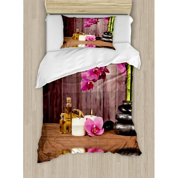 Orchid Duvet Cover Set, Modern Chill Vibes Boho Stones and Flower with Candles and Water Photo Print, Decorative 2 Piece Bedding Set with 1 Pillow Shams, Twin Size, Umber Green Pink, by Ambesonne