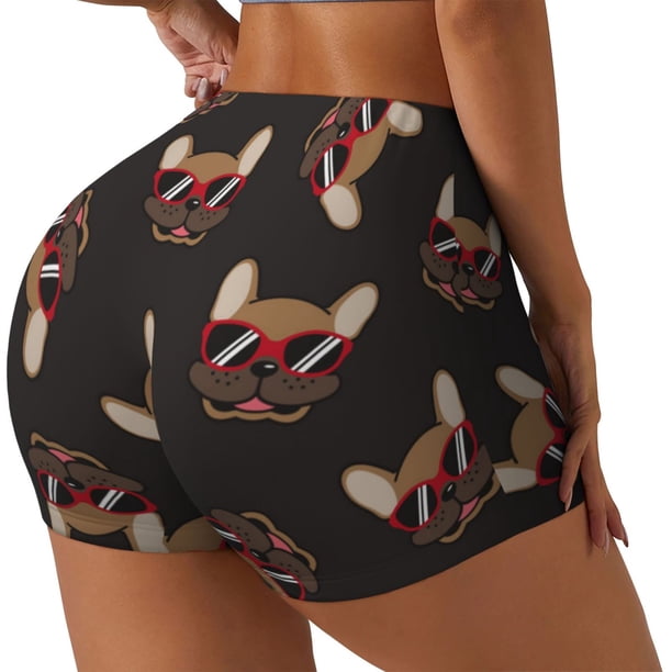 Balery Bulldog with Sunglasses Pantalones cortos de entrenamiento estampados para mujer, sin costuras, ajustados, para gimnasio, yoga, correr, deportes, ejercicio activo, fitness.-Large