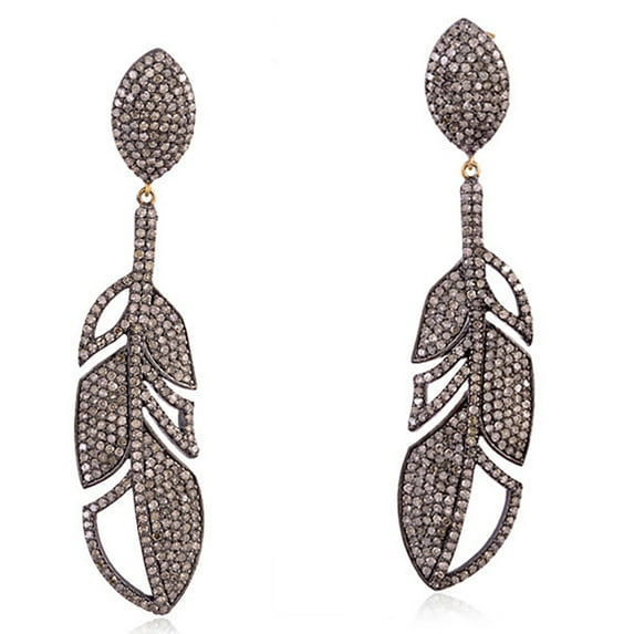 Pave Diamond Gold Feather Style Dangle Earrings Sterling Silver Jewelry