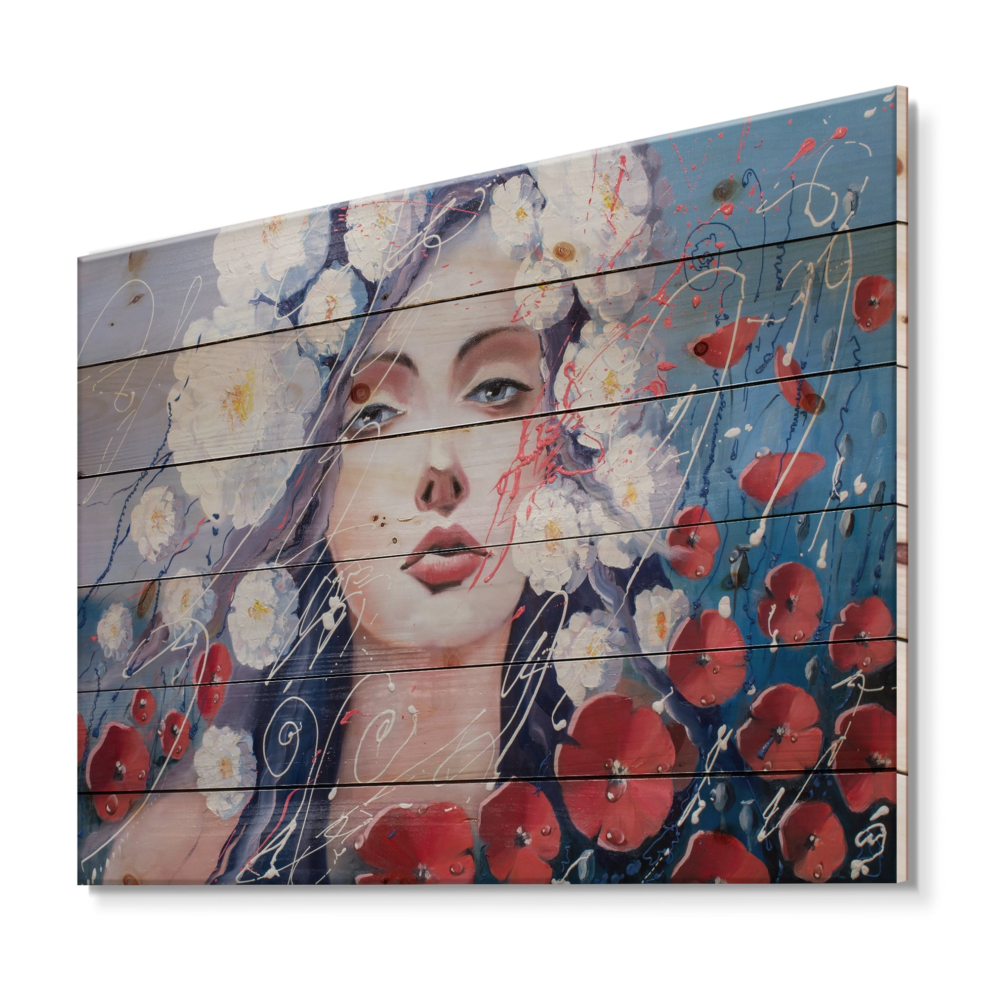Designart 'Portrait Of A Young Lady With Red & White Flowers' Traditional Print on Natural Pine Wood