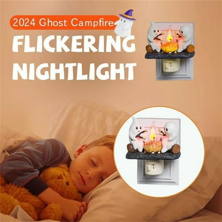 

YXB11 Halloween Night Light Ghost Flickering Nightlight LED Faux Fire Ghost Lamp Halloween Ghost Bedroom Night Light Indoor Decorations Gifts For Family Friends Kids A