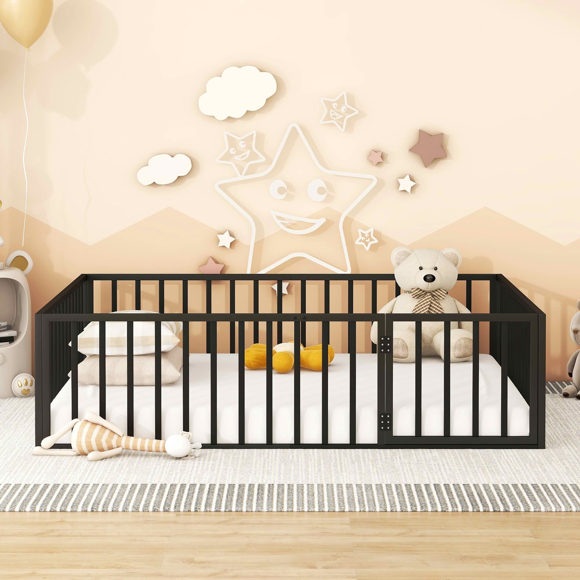 MAYEERTY Metal Floor Bed Frame with Fence and Openable Door Kids Play and Sleep Space