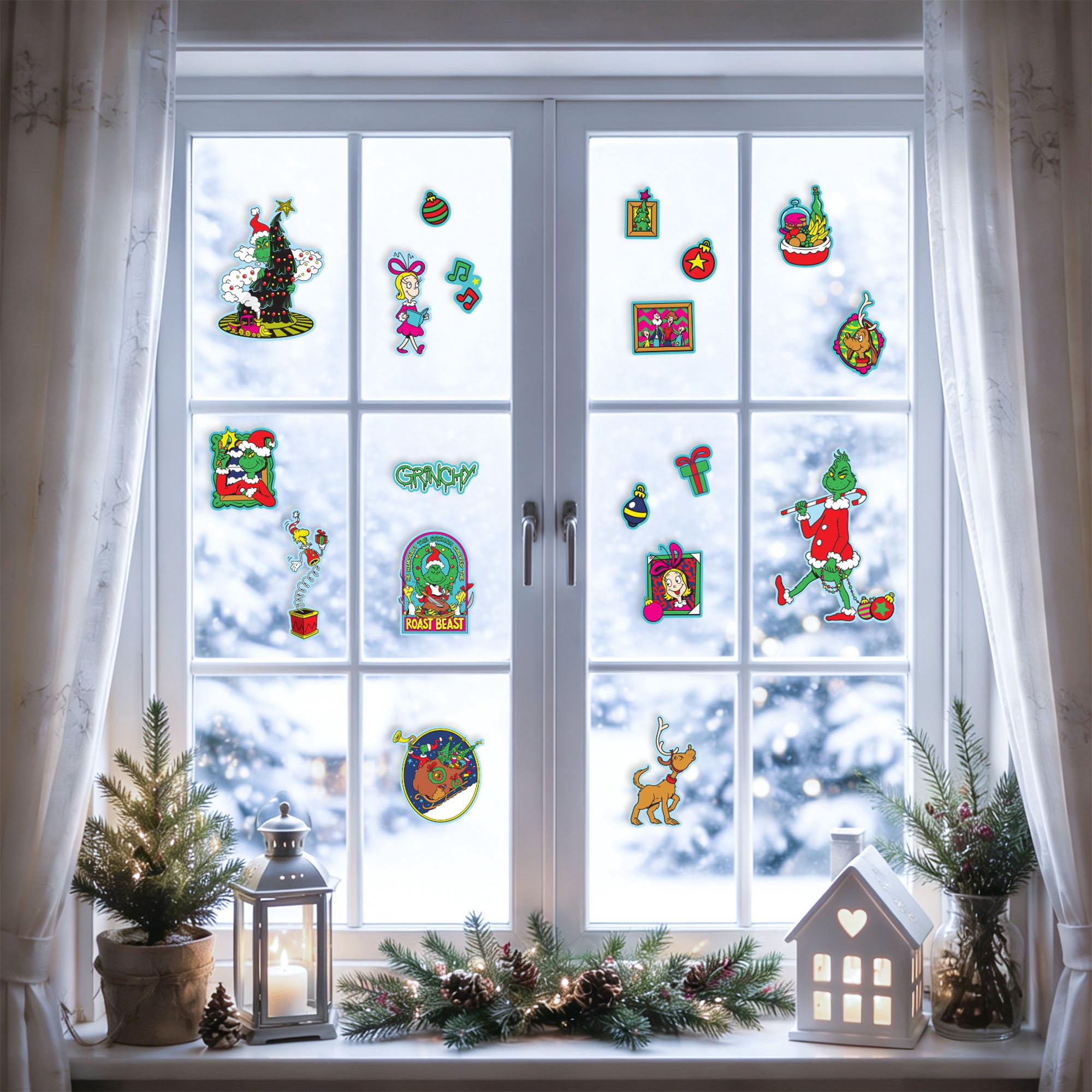 Dr. Seuss The Grinch Christmas Window Clings, 19‑Piece Holiday Static Window Decorations – Grinch, Max & Cindy‑Lou Who