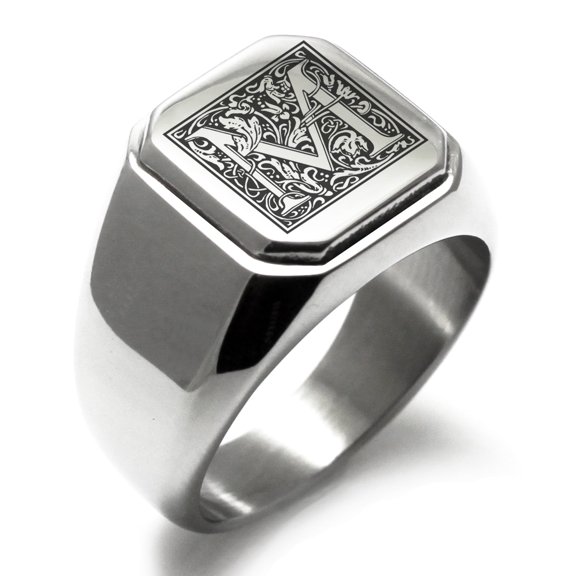 Tioneer Stainless Steel Letter M Initial Floral Box Monogram Engraved Square Flat Top Biker Style Polished Signet Ring
