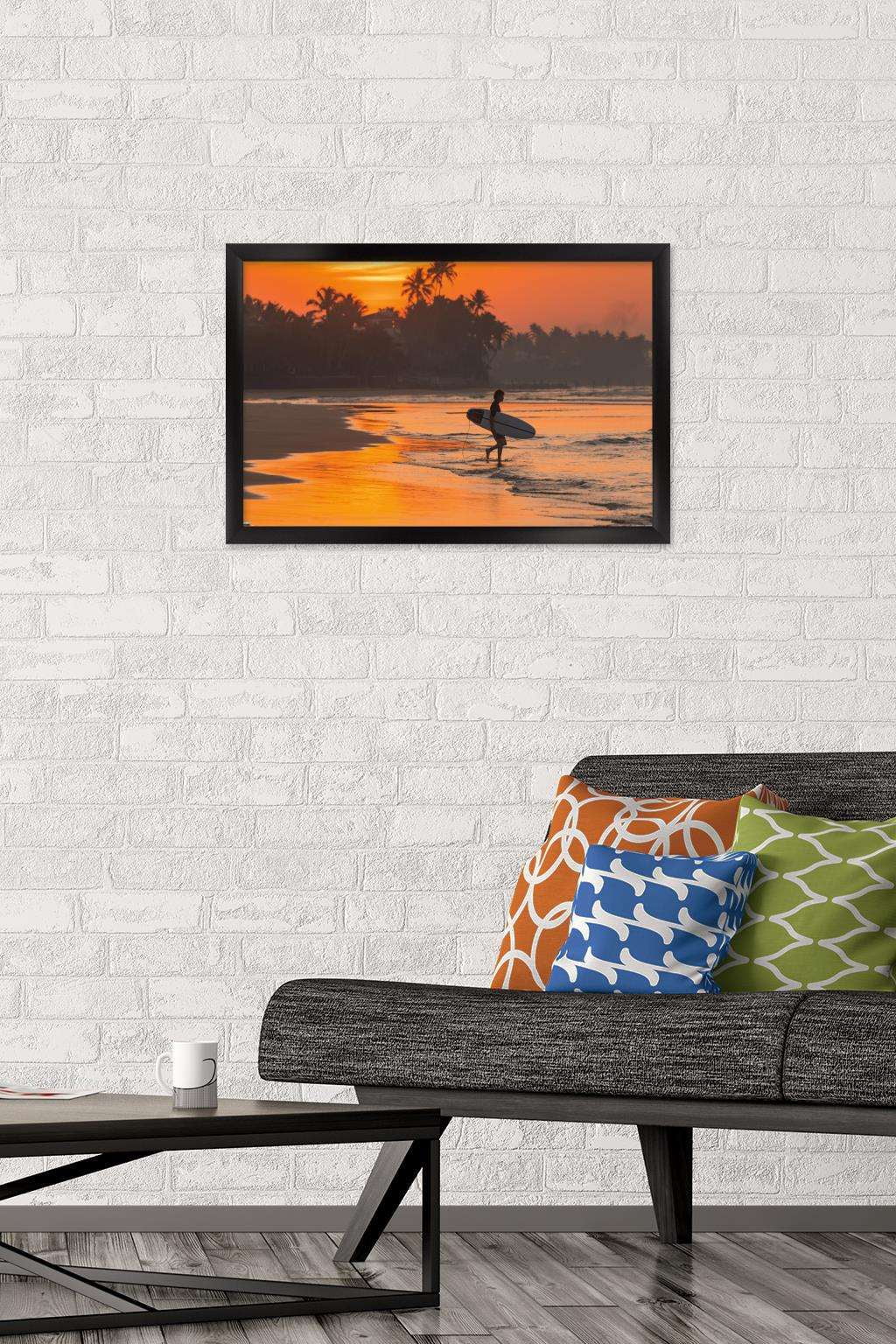 Surfing - Morning Walk Wall Poster, 14.725" x 22.375", Framed