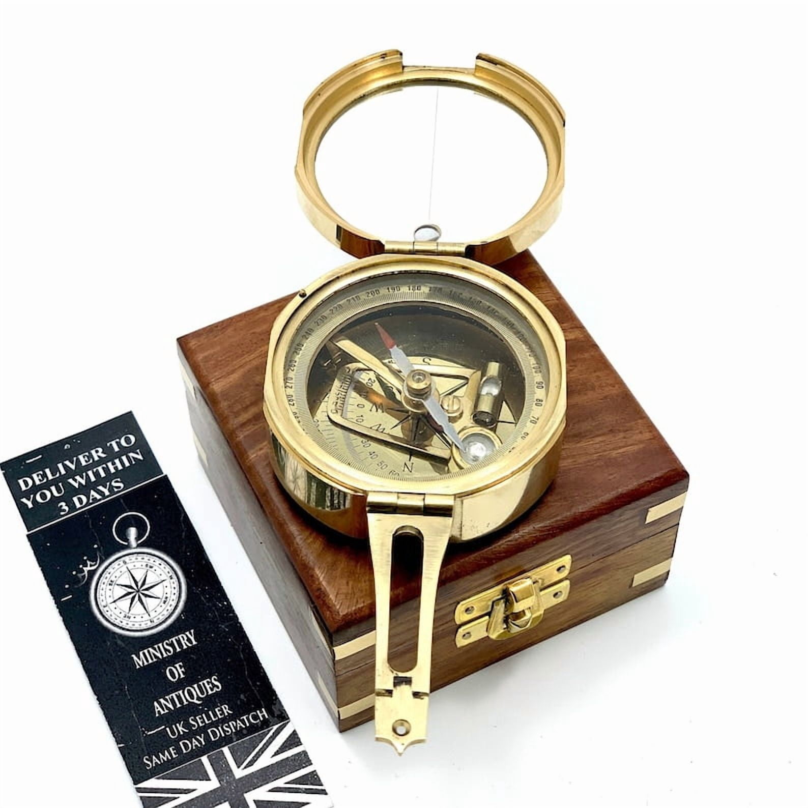 Brunton Nautical Geological Compass in Wooden Box | Handmade Brass Military Transit Surveying & Geology Thumb Compass | Heavy-Duty Collectible Instrument