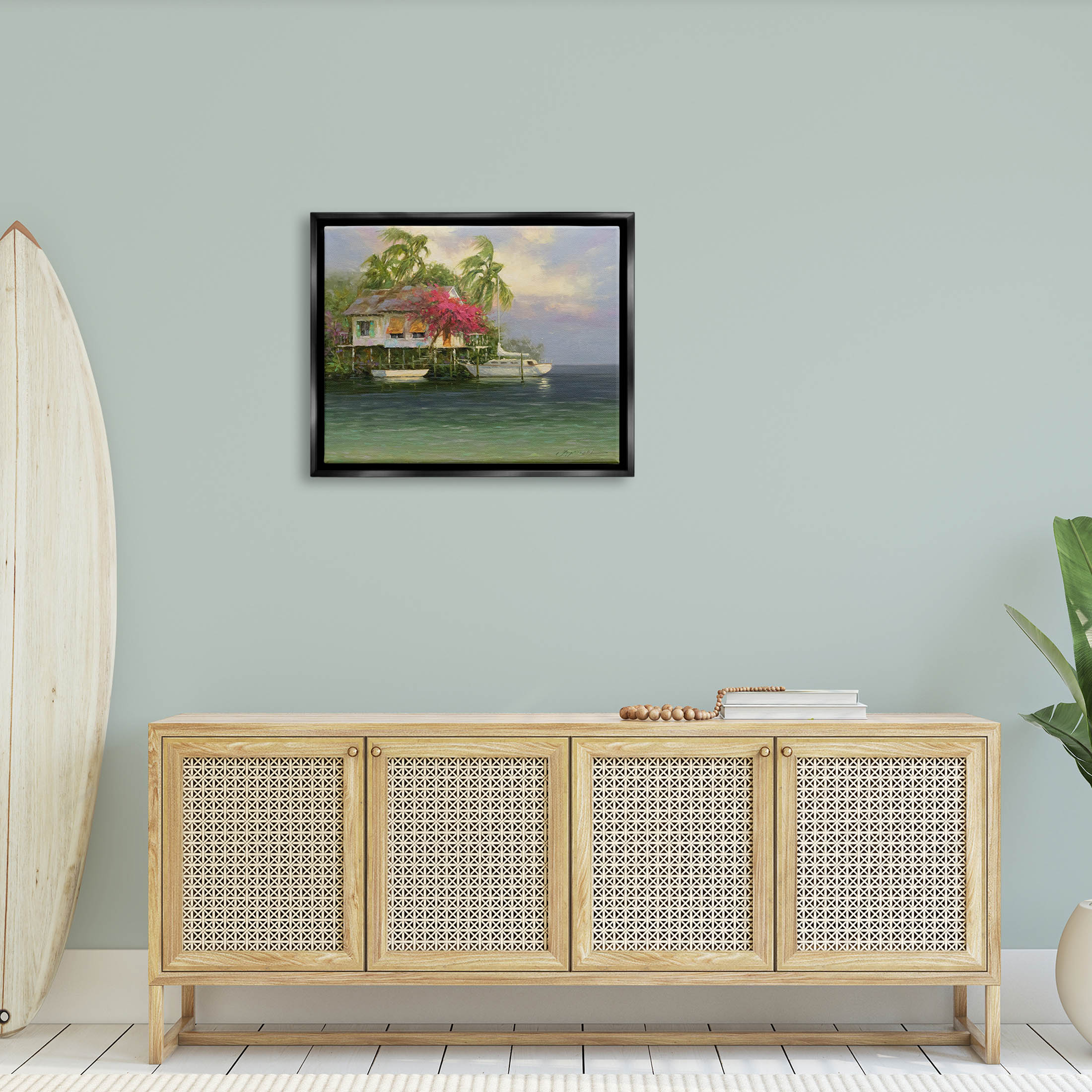 Summer Coastal Vacation Cottage Landscape Painting Jet Black Framed Art Print Wall Art