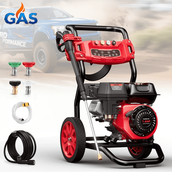 Syngar 3500PSI Pressure Washer with 4 Nozzle, Portable Gas Pressure Washer for Patios, Cars, Fences, Driveways, 2.6 GPM High-Power Washer with 28' High-Pressure Hose, Red & Black