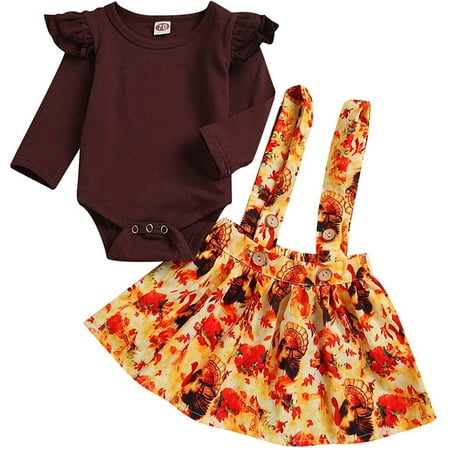 

Zukuco Newborn Baby Girl Clothes My First Thanksgiving Solid Color Romper Turkey Suspender Skirt Dresses Outfit Set
