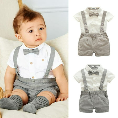 Kacakid Baby Boy Child Toddler Gentleman Suit +Bow Tie+Suspender Trousers Pants Suit Suspenders Style Short Sleeve Shirt + Short 2Pcs (Best Cheap Suit Brands)