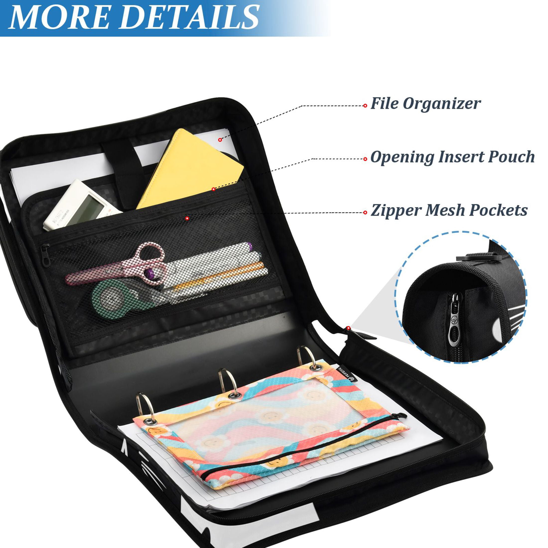 3 Ring Zipper Binder with Shoulder Strap Waterproof Trapper Keeper 2 Inch D-Ring 500 Sheets Capacity White Black Cat