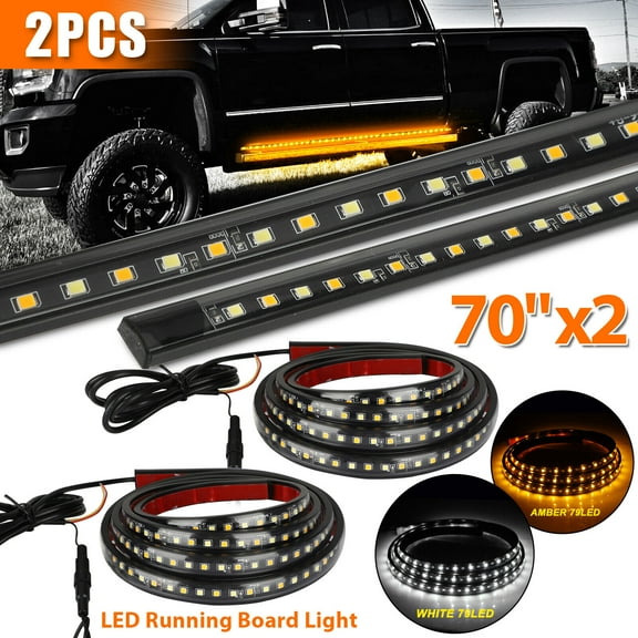 2PCs Truck LED Running Board Lights Sequential Amber Side Marker Light 70 Inch Emergency Extended Crew Cab 216 LEDs Waterproof Flexible Turn Signal Light Bar for Pickup Trucks Car (70in)