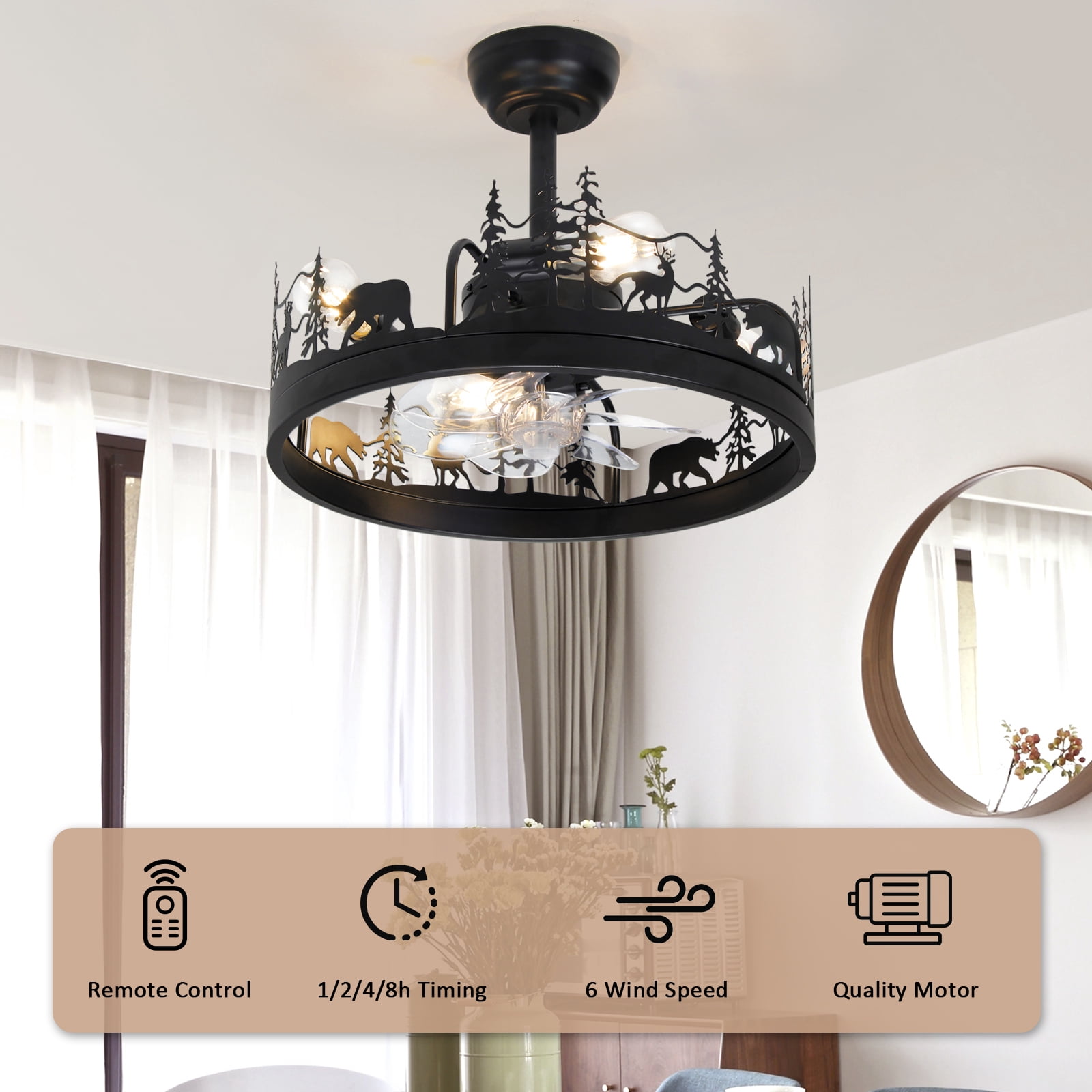 RJFKSNC Farmhouse Ceiling Fan with Light, 20" Caged Fandelier with Remote; Forest Bear & Deer Design, 6-Speed Reversible DC Motor, Low Profile Flush Mount Chandelier Fan for Bedroom, Living Room