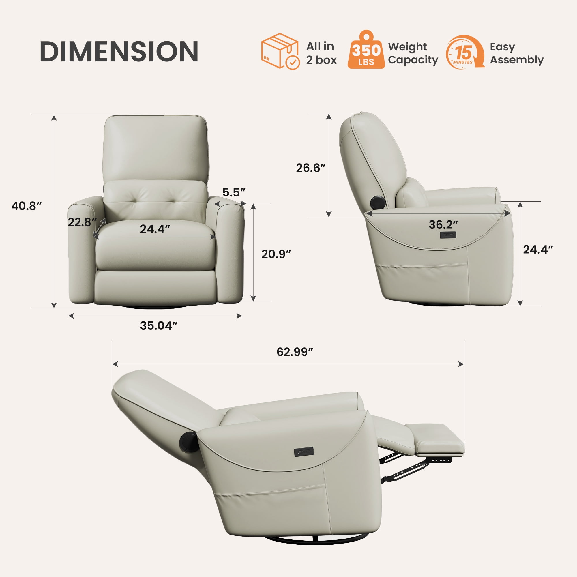 SERWALL Bluetooth Nursery Rocking Chair with 270° Swivel, Swiverl Glider Rocking Chair with USB-C Port & Speaker, Faux Leather Gray
