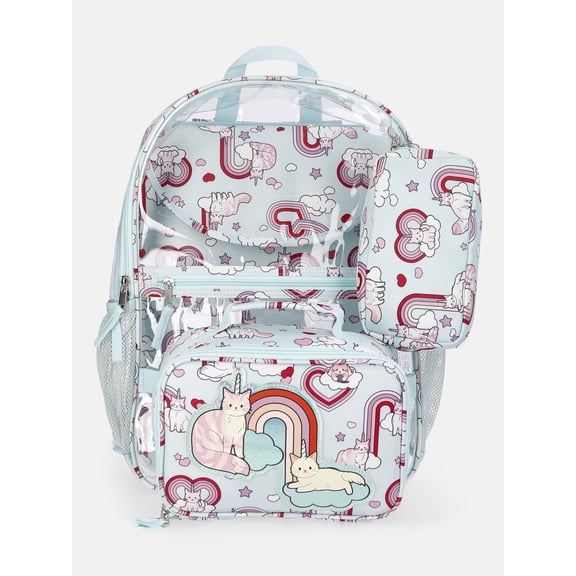 Wonder Nation Kids' Clear Caticorn 17" Backpack, Lunch Tote, Laptop Sleeve and Pouch Set, 4-Piece