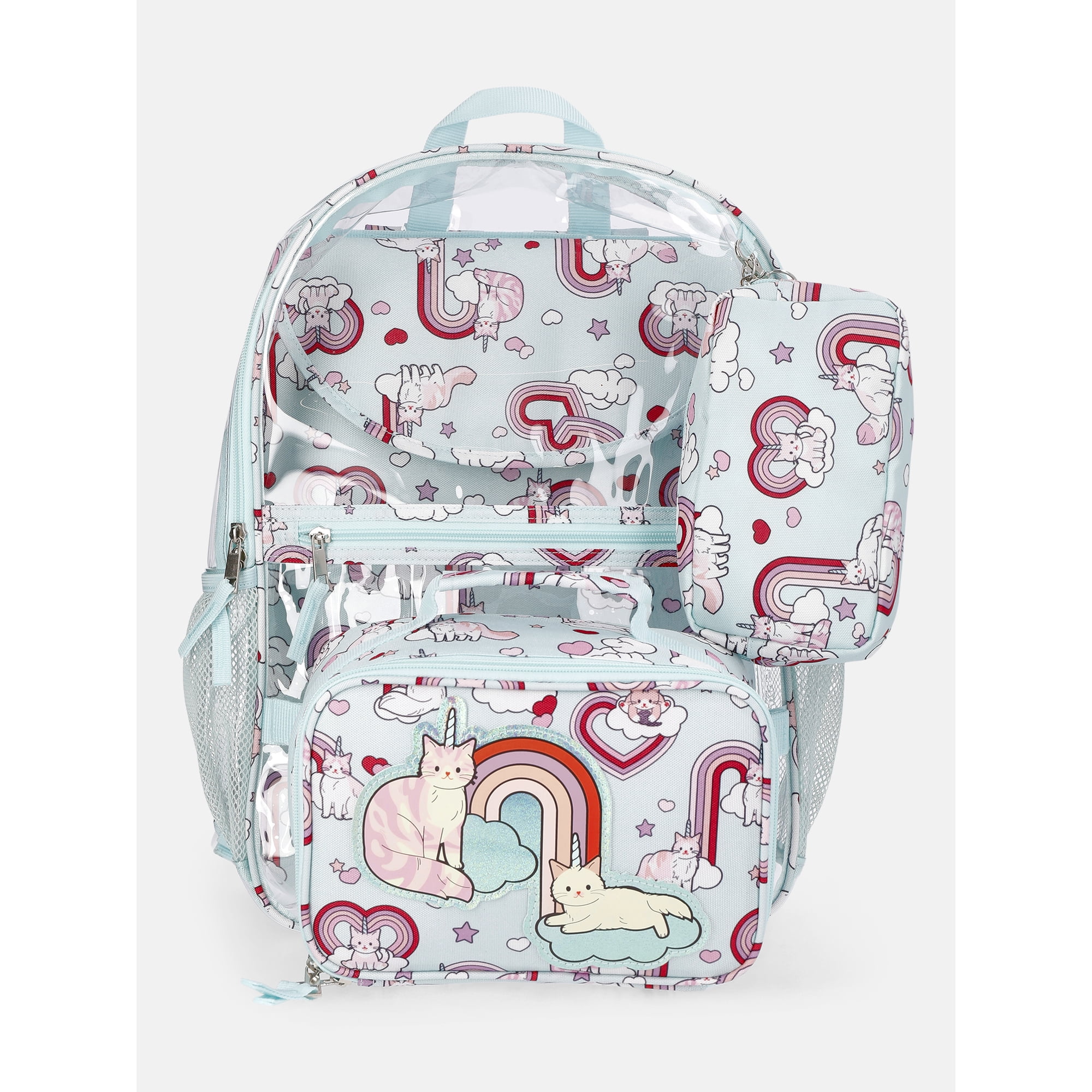Wonder Nation Kids' Clear Caticorn 17" Backpack, Lunch Tote, Laptop Sleeve and Pouch Set, 4-Piece